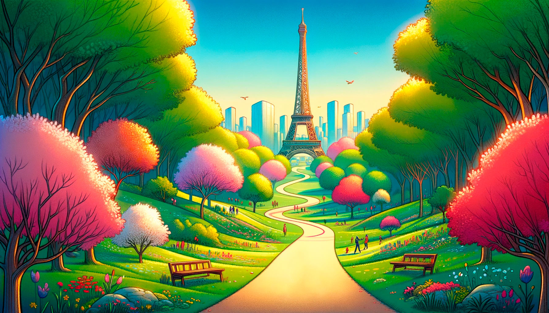Bannière d'illustration avec vue sur la Tour Eiffel de puis un sentier de marche dans une forêt fleurie.