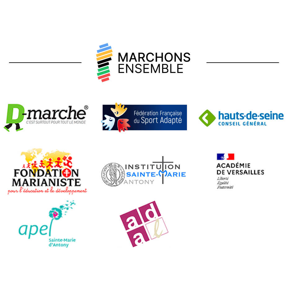 Image avec les logos des partenaires de Marchons Ensemble : ISMA, FFSA, Hauts de seine, Fondation marianiste, Académie de Versailles, Apel (ISMA), Adal, D-marche.